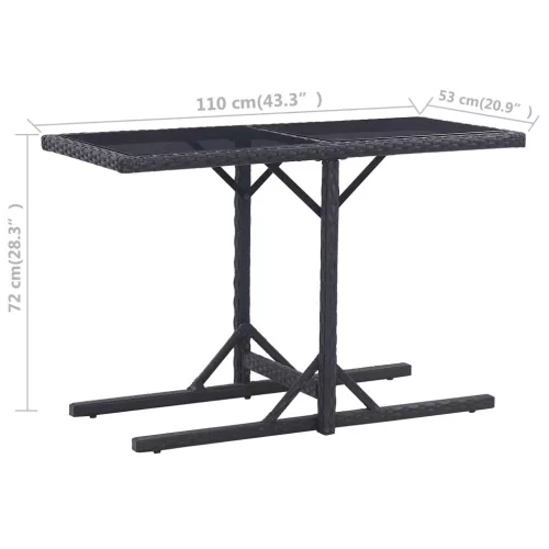  fekete polyrattan és üveglapos kerti asztal 110 x 53 x 72 cm