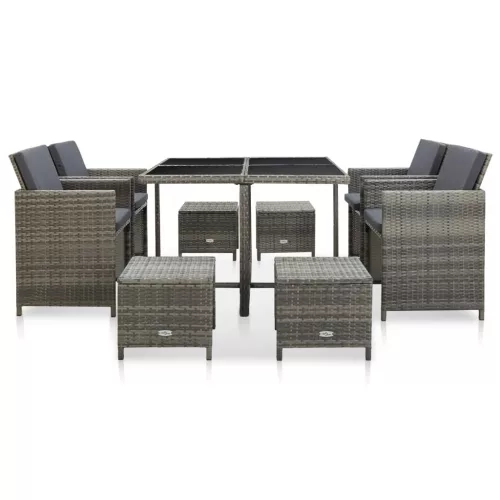  9-részes szürke kültéri polyrattan étkezőszett párnákkal