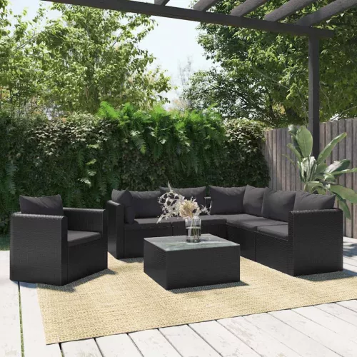  7-részes fekete polyrattan kerti társalgószett párnákkal