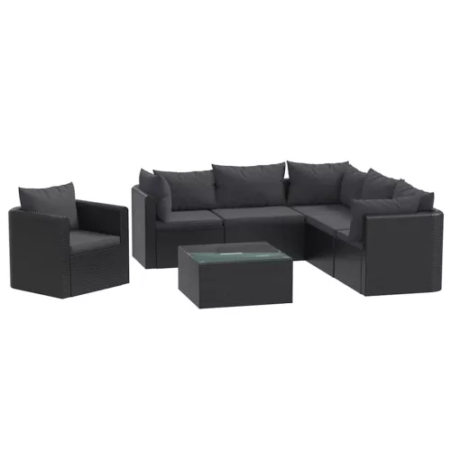  7-részes fekete polyrattan kerti társalgószett párnákkal