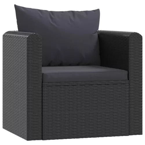  7-részes fekete polyrattan kerti társalgószett párnákkal