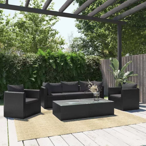  7-részes fekete polyrattan kerti társalgószett párnákkal