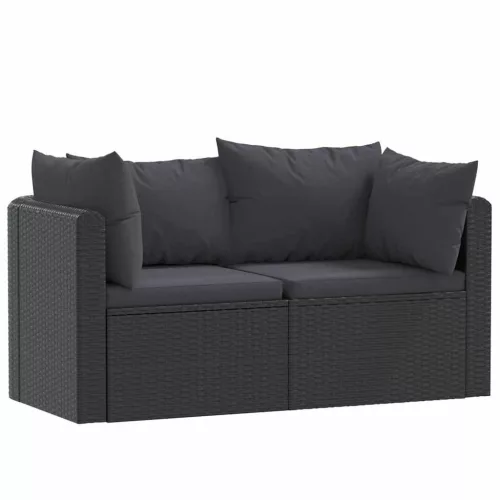  2-részes fekete polyrattan kerti ülőgarnitúra párnákkal