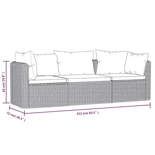  3 darabos fekete polyrattan kerti ülőgarnitúra párnákkal