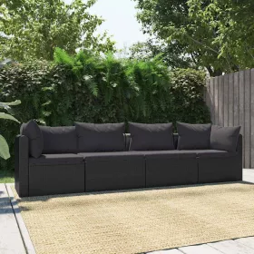    4-részes fekete polyrattan kerti ülőgarnitúra párnákkal
