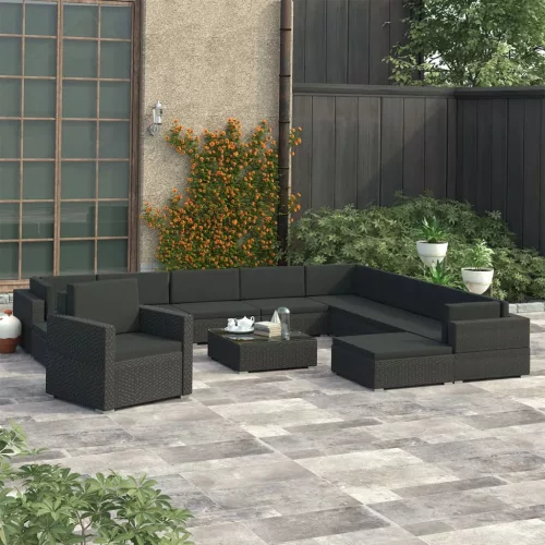  12 részes fekete polyrattan kertibútor-garnitúra párnákkal