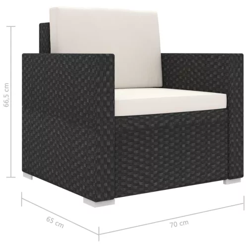  8-részes fekete polyrattan kerti bútorszett párnákkal