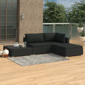  4-részes fekete polyrattan kerti bútorszett párnákkal