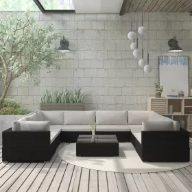  9-részes fekete polyrattan kerti bútorszett párnákkal