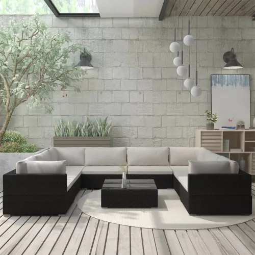  9-részes fekete polyrattan kerti bútorszett párnákkal
