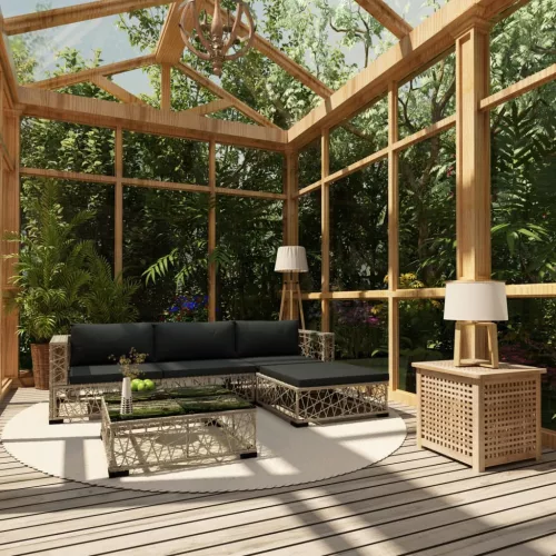  5-részes szürke polyrattan kerti bútorszett párnákkal