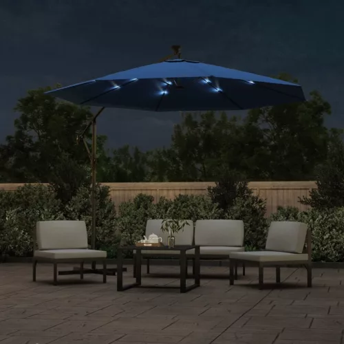  azúrkék konzolos napernyő LED-fényekkel és acélrúddal 300 cm