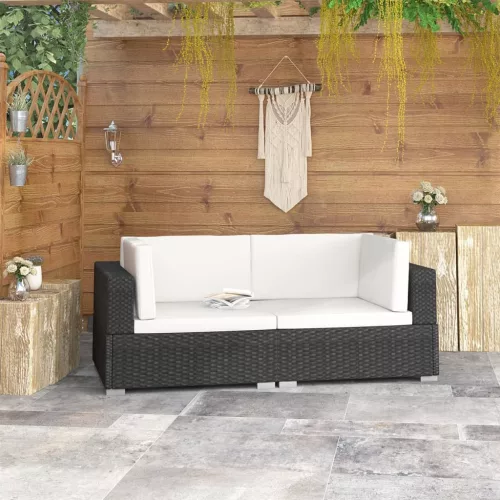  2 db fekete moduláris polyrattan sarokfotel párnákkal