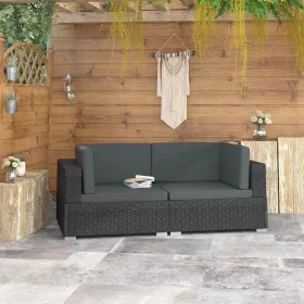  2 db fekete moduláris polyrattan sarokfotel párnákkal