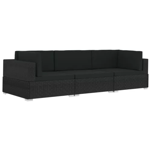  3 darabos fekete polyrattan kerti kanapészett párnákkal
