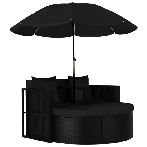  fekete polyrattan kerti ágy napernyővel