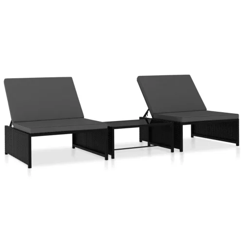  2 db fekete polyrattan napozóágy asztallal