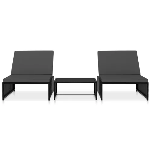  2 db fekete polyrattan napozóágy asztallal