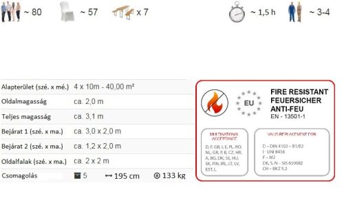 TP 4x10m standard rendezvénysátor, PVC 700 - fehér - tűzálló