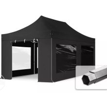   Professional összecsukható sátrak PROFESSIONAL 400g/m2 ponyvával, alumínium szerkezettel, 4 oldalfallal, panoráma ablakkal - 3x6m fekete