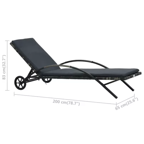  antracitszürke polyrattan napozóágy párnával és kerekekkel