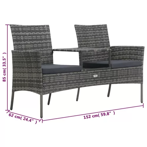  kétszemélyes antracitszürke polyrattan kanapé teázóasztallal