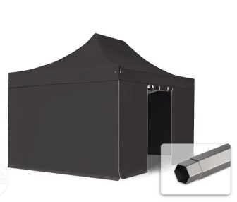 Professional összecsukható sátrak PREMIUM 350g/m2 ponyvával, acélszerkezettel, 4 oldalfallal, ablak nélkül - 3x4,5m fekete