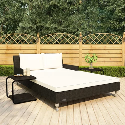  2-személyes fekete polyrattan kerti napozóágy párnákkal