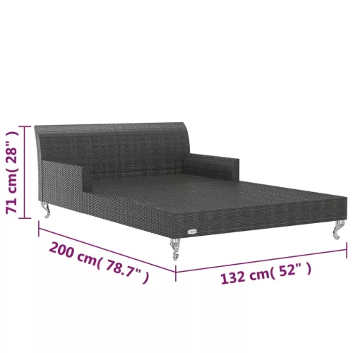  2-személyes fekete polyrattan kerti napozóágy párnákkal