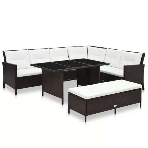  3-részes barna polyrattan kerti bútorgarnitúra párnákkal