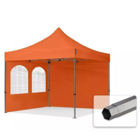   TP 3x3m összecsukható 750N acél vázas pavilon, 2 db oldalfallal, hagyományos ablakkal -  narancssárga