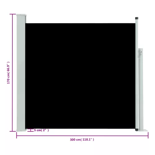  fekete kihúzható oldalsó teraszi napellenző 170 x 300 cm