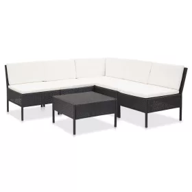  6-részes fekete polyrattan kerti bútorszett párnákkal