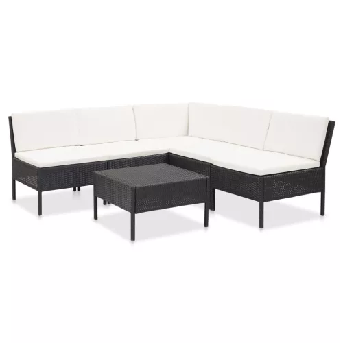  6-részes fekete polyrattan kerti bútorszett párnákkal