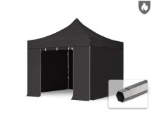   Professional összecsukható sátor PREMIUM 520g/m2 tűzálló ponyvával, acélszerkezettel, 4 oldalfallal, ablak nélkül - 3x3m fekete