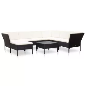  8 részes fekete polyrattan kerti bútorszett párnákkal