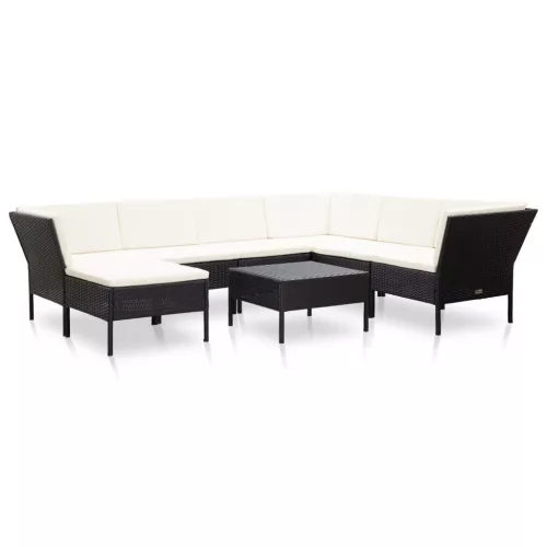  8 részes fekete polyrattan kerti bútorszett párnákkal