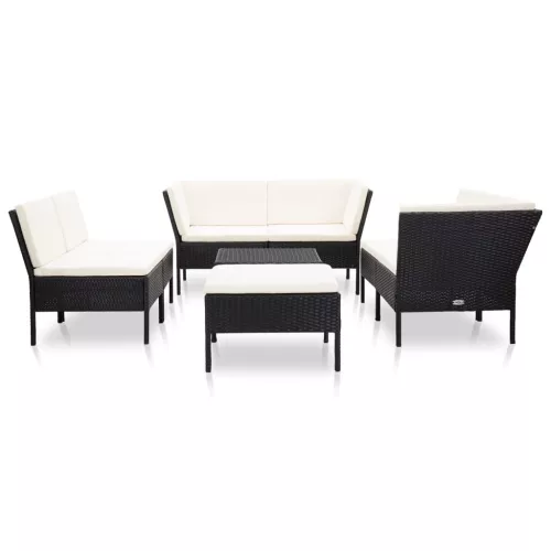  8 részes fekete polyrattan kerti bútorszett párnákkal
