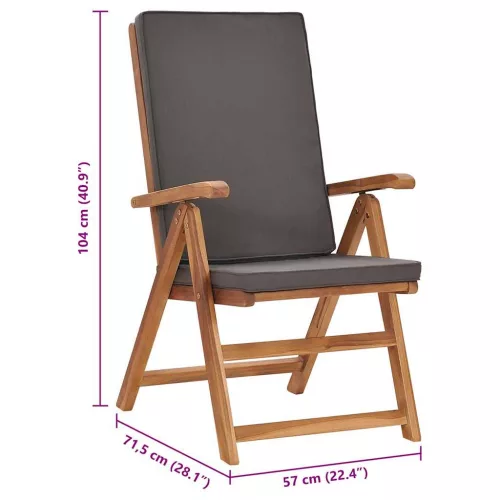  2 db szürke dönthető tömör tíkfa kerti szék párnákkal