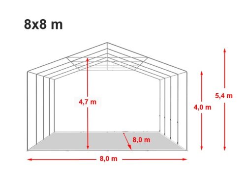 TP Vario 8x8m 4m oldalmagas raktársátor tetőablakkal, bejárat típusa: felhúzható
