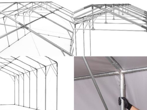 TP Vario 8x8m 4m oldalmagas raktársátor tetőablakkal, bejárat típusa: felhúzható