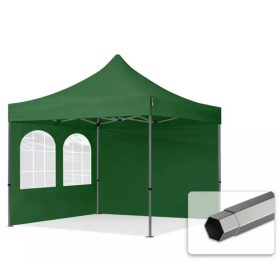   TP 3x3m összecsukható 750N acél vázas pavilon, 2 db oldalfallal, hagyományos ablakkal -  zöld