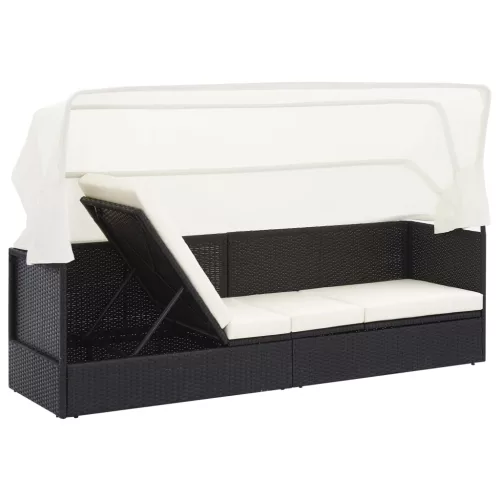  fekete polyrattan kerti kanapé napellenzővel 