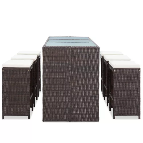  7 részes barna polyrattan kerti bárszett párnákkal