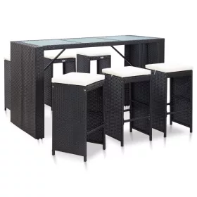  7 részes fekete polyrattan kerti bárszett párnákkal
