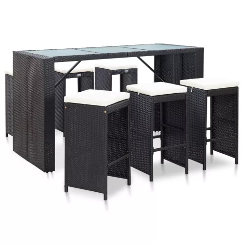  7 részes fekete polyrattan kerti bárszett párnákkal