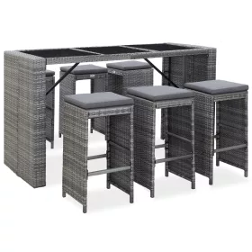  7 darabos szürke polyrattan kerti bárszett párnákkal