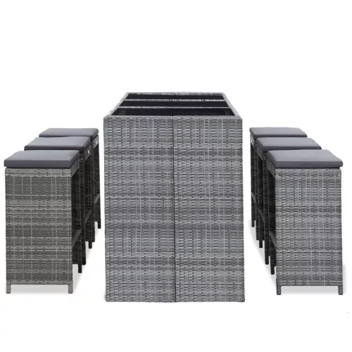  7 darabos szürke polyrattan kerti bárszett párnákkal