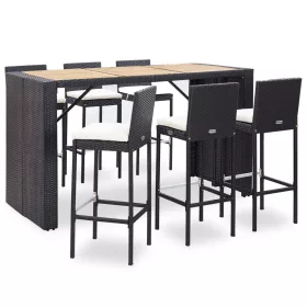  7 részes fekete polyrattan kültéri bárszett párnával