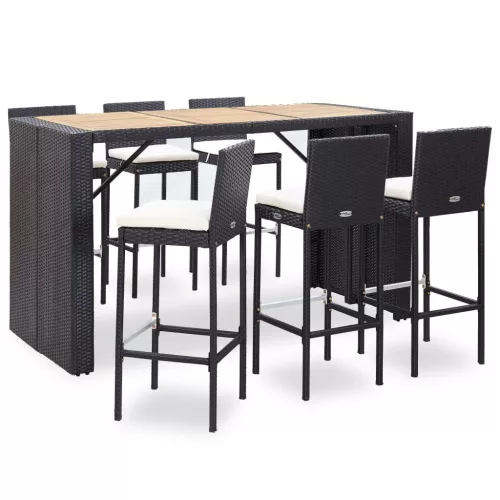  7 részes fekete polyrattan kültéri bárszett párnával